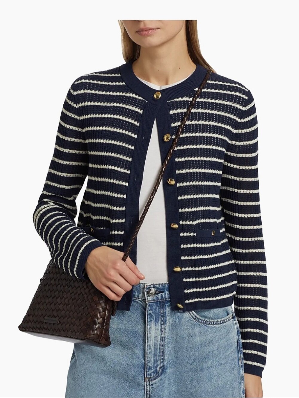 rag & bone Viola Navy and White Striped Gold Button Front Cardigan Medium